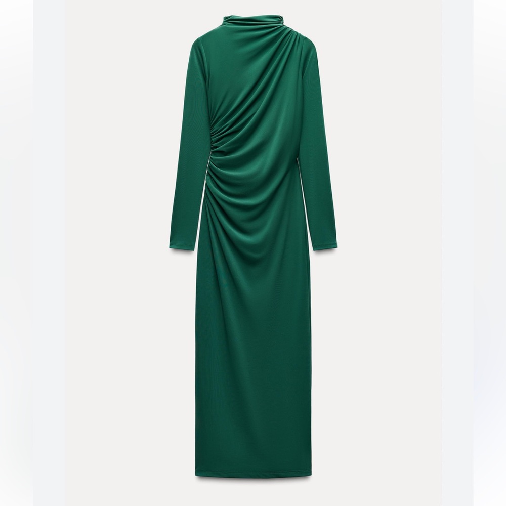 Zara Green Asymmetrical Ruched Gown
